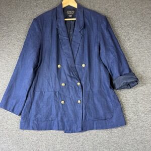 Vintage Adolfo 100% Linen Double Breasted Blazer Womens 12 Blue Gold Buttons